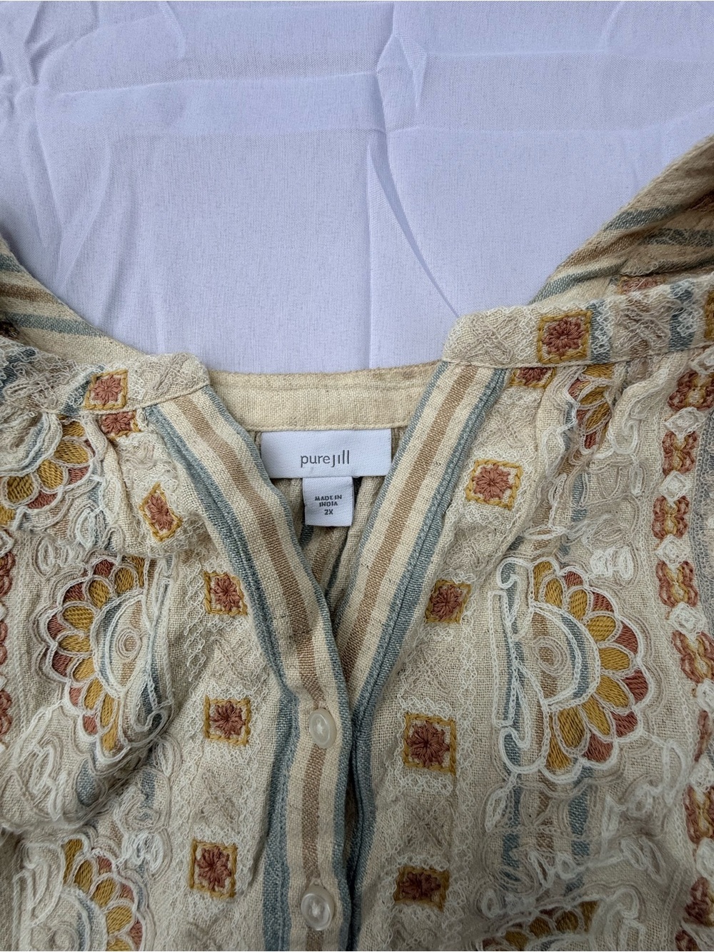 #44 Pure Jill Cream Embroidered Peasant Tunic with Blue Stripes size(2x) - Picture 2 of 8
